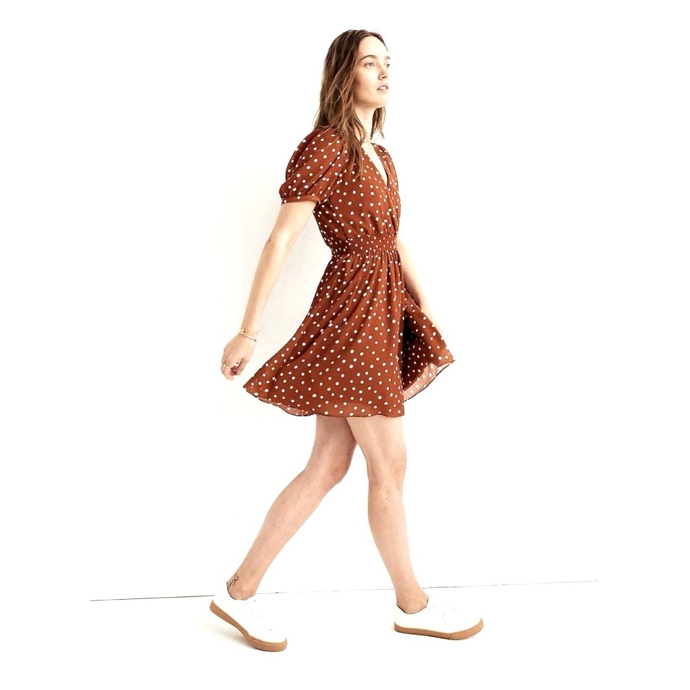 NEW! Madewell Smocked Waist Inkspot Polka Dots Mini Dress Brown SZ XS